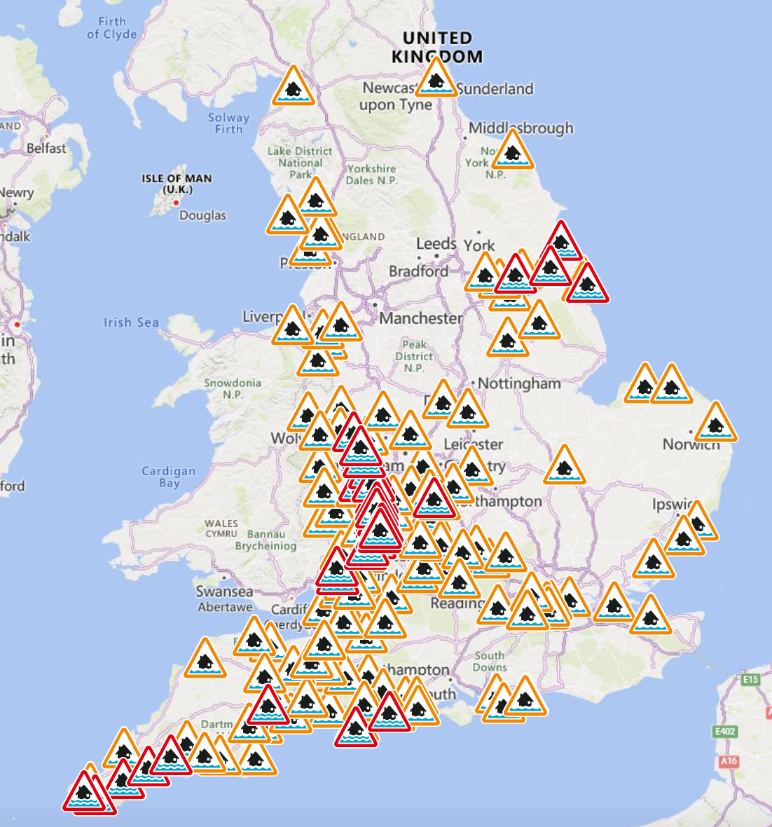 The Danish Environmental Protection Agency has issued 41 warnings about floods (red) and 132 warnings (yellow)