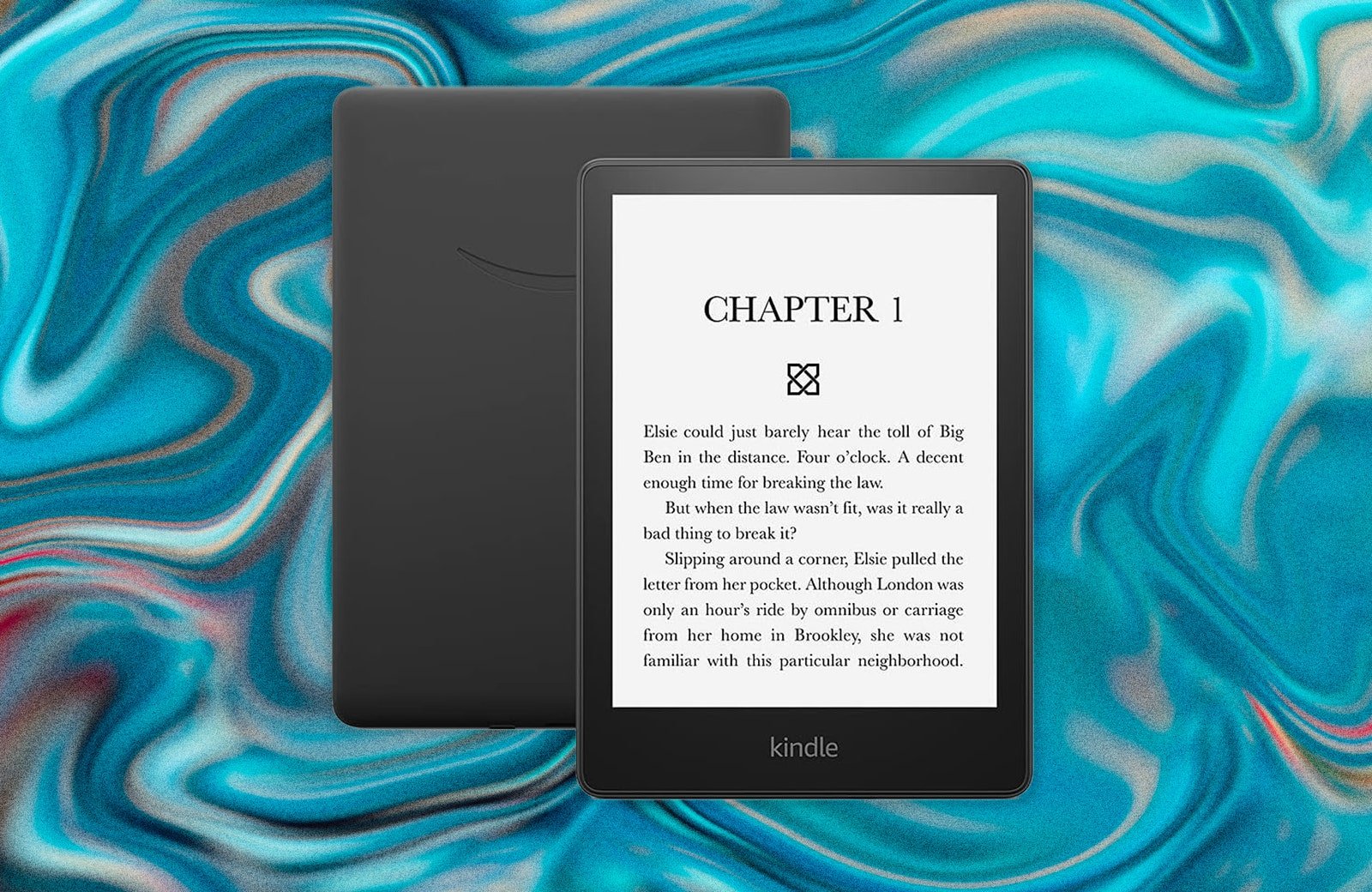 The back of a black tablet next to the front of the same tablet showing the page of an e-book. Decorative...