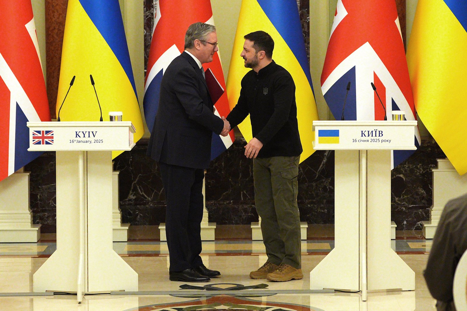 Prime Minister Sir Keir Stormer and Ukrainian President Volodymyr Zelensky Shake Hands in front of their bilateral conversations in Kiev on January 16, 2025 (Carl Court/Pa)