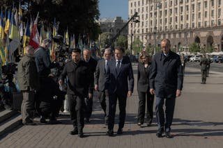 (From l) Ukraine President Volodymyr Zelensky, Poland's Prime Minister Donald Tusk, Britain's Prime Minister Keir Stormer, France President Emmanuel Macron, Olena Zelenska and Germany's Chancellor Friedrich Merz