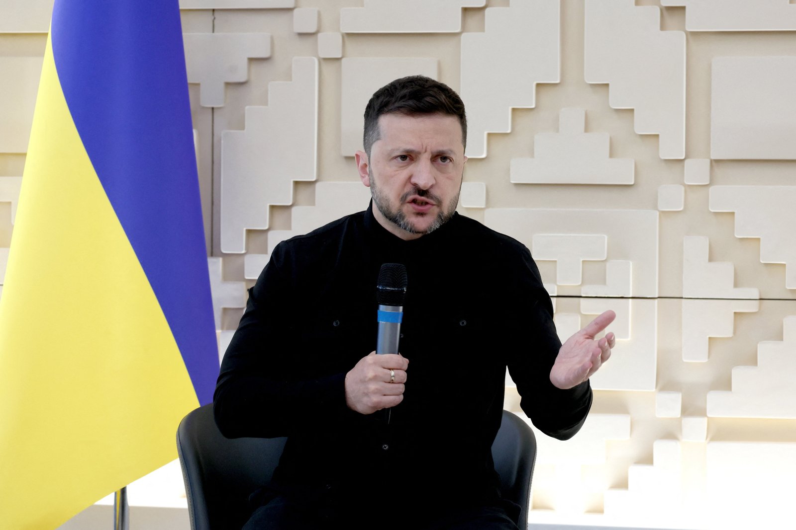 Ukrainian President Volodymyr Zelensky speaks during a press conference at the unchristian embassy, in Ankara on May 15, 2025