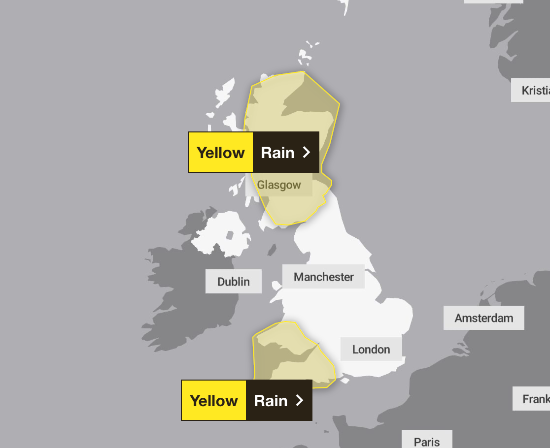 Two yellow rain alarms are in place throughout Scotland and Southwest England on Sunday
