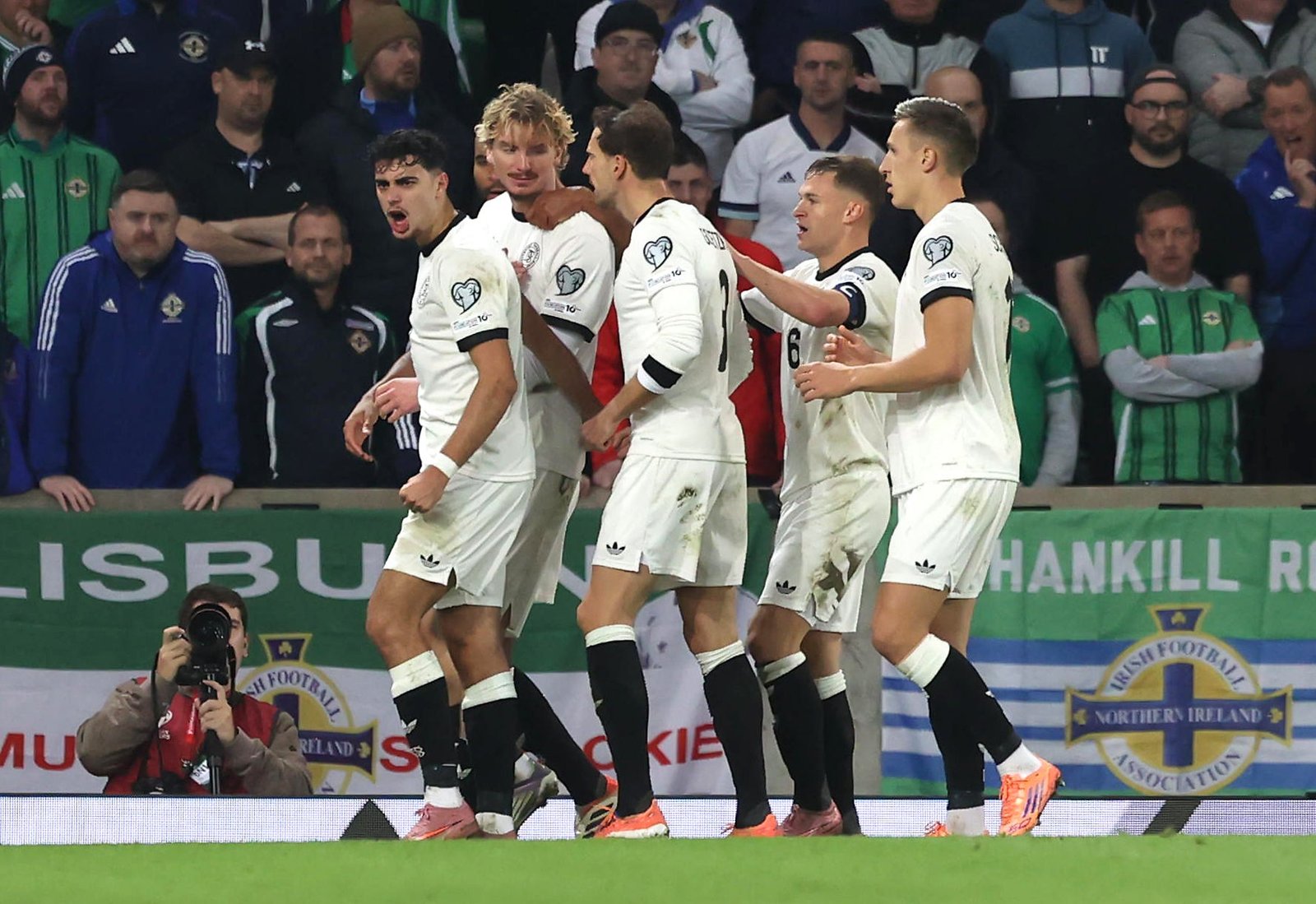 Germany's Nick Woltemade, Other Left, celebrates his goal against Northern Ireland (Liam McBurney/Pa)